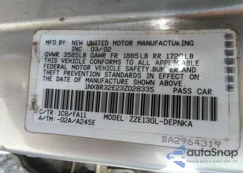 2003 Toyota Corolla Le z USA, uszkodzony, nr VIN 1NXBR32E23Z028335